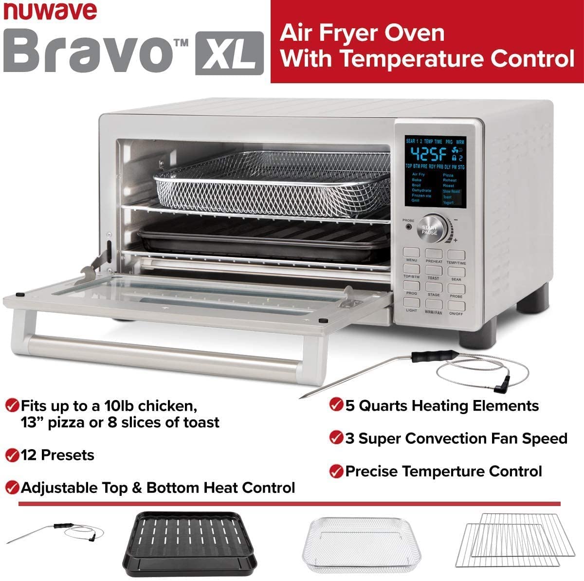Nuwave (Renewed) Bravo XL Air Fryer Toaster Oven, 12-in-1 Countertop Convection, 30-QT Capacity, Integrated Temperature Probe, 50°-500°F Temperature Controls, Brushed Stainless Steel Look