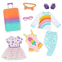 Glitter Girls – Suitcase & Fashion Set – Luggage with 3 Mix & Match Outfits & Heart Glasses – Rainbow Pajama, Swimsuit, Star-Print Dress – 14-inch Doll Clothes & Accessories for Kids Ages 3 and Up