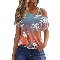 Shirts for Women 2024 Fashion Casual Print Sexy Cold Shoulder Asymmetrical Neck Short Sleeve T-Shirt Top