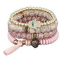 ELSKA Multi-Layer Bead Stretch Bracelet Set For Women, Charm Stone Beads Chain Bangle Female Bohemian Jewelry Gift for Girls, 4 Pieces, Approx 18cm, 35g