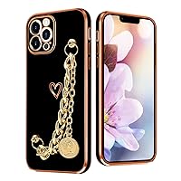 Compatible with iPhone 13 Pro Case Women, Love Heart Luxury Electroplate Bumper Case Soft TPU Silicone Slim Shockproof Cute Cover with Gold Coin Chain for iPhone 13 Pro Case Black