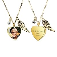 Personalized Angel Wing Pendant Heart Urn Necklace Engraving Photo/Name for Men Women Girl with Birthstone Stainless Steel Pet Human Ashes Holder Memorial Keepsake Cremation Funnel Kit