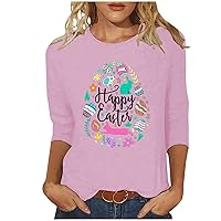 Women Happy Easter T Shirt Cutte Bunny Rabbit Egg Graphic T-Shirt Funny Letter Printed Shirts 3/4 Sleeve Tunic Tops