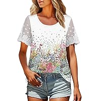 Trendy Tops for Women 2024 Vintage Lace Short Sleeve Floral Print Blouse Casual Crewneck Loose Comfy Summer Shirts