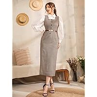 Women's Dress Dresses for Women Plaid Print Button Detail Split Hem Dress Without Belt (Color : Khaki, Size : Medium)