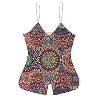 Colorful Flowers And Mandala Funny Slip Jumpsuits One Piece Romper for Women Sleeveless with Adjustable Strap Sexy Shorts