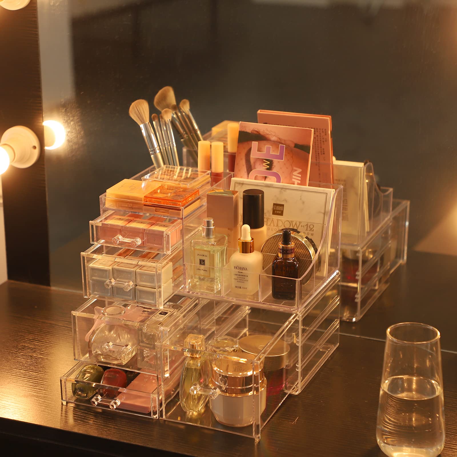 PENGKE Clear Makeup Organizer With Drawers,Stackable Cosmetic Storage Display Case for Vanity, Bathroom Counter or Dresser,Countertop Holder for Lipstick,Brushes,Eyeshadow,Nail Polish and Jewelry