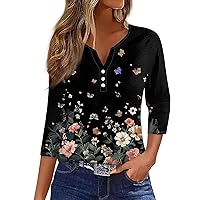 Womens 3/4 Length Sleeve Summer Tops 4Th of July White Button Down Shirts Floral Graphic Tees Sexy V Neck Blouses