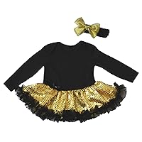 Petitebella Birthday Baby Dress Black Cotton L/s Bodysuit Gold Sequin Tutu Romper Set Nb-18m