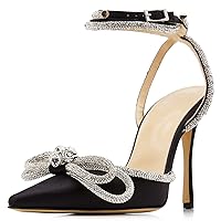 Women's Heeled Sandals Satin Rhinestone Ankle Strap Pumps Crystal Embellishment Pointy Stilettos Backless Wedding Dress Heeled Sandals