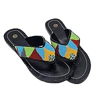 Handmade Multicolored Beaded Leather Sandals Ethnic Beach Wear T-Strap Flat Sandals For Women By MODOEDEN