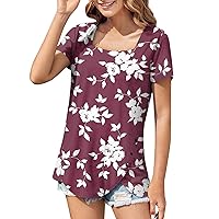 Floral Tops for Women 2024 Bohemian Casual Side Slit Pretty Loose Fit with Short Sleeve Square Neck Blouses