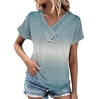 Women Summer Top 2024 Short Sleeve Shirts Pleated Button Decor V Neck Print Tunic Tops to Wear with Leggings