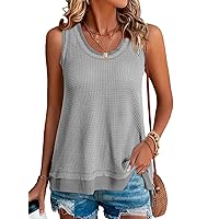 EVALESS Waffle Knit Tank Top for Women Summer 2024 Trendy Oversized Scoop Neck Sleeveless Tops