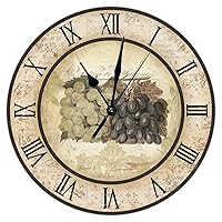Grape Wine Wooden Clock Antique Wine O'clock Hanging Clock 15inch Silent Non-Ticking Battery Operated Wood Hanging Wall Clock for Bedrrom Living Room Kitchen Home Office