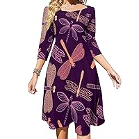 Purple Dragonfly Women's 3/4 Sleeve Midi Dress High Waist Backless Evening Floral Dresses