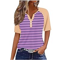 Summer Tops for Women Short Sleeve Button V Neck Tshirts Trendy Dressy Striped Printed Casual Blouses Loose Fit Tunics