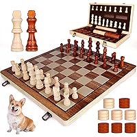 15 Inch Wooden Chess Sets,Chess & Checkers Set with 2 Extra Queens,Foldable Wooden Chess Set Board for Adults and Kids,Handmade Portable Chess Board Game for Familly Travelling Gift