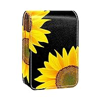 Yellow Sunflower Black Background Lipstick Case For Travel Outside, Mini Soft Leather Cosmetic Pouch With Mirror, Portable Carry-on Makeup Organizer Bag
