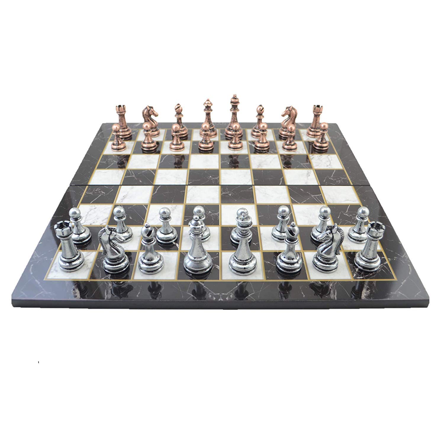 Classic Antique Copper Chess Set for Adults,Handmade Pieces and Marble Design Wood Chess Board King 2.96 inc
