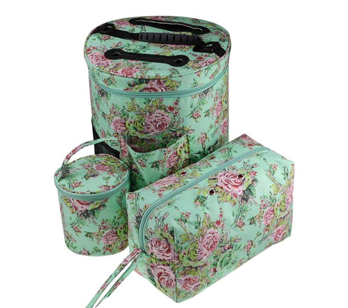 Katech Empty Yarn Bags Set 3 Pieces Green Knitting Bags Flower Pattern Large Capacity Yarn Round Storage Bag Organizer Travel Wrist Tote Bag for Holding Yarn Balls, Crochets Hooks and Knitting Kit