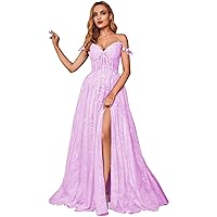 Womens Split Lace Off The Shoulder Prom Dresses with Appliques Long Tulle Formal Dress