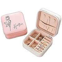 Custom Leather Jewelry Box with Name and Birth Flower Personalized Jewelry Travel Case Jewelry Organizer Case, Mom Birthday Gifts for Women (Pink)