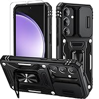for Samsung Galaxy S24 Case with Slide Camera Cover and Screen Protector, Military Grade Protection [Rotated Ring Kickstand] Heavy Duty Shockproof Protective Case -Black