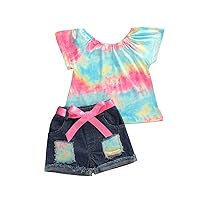 Baby Toddler Girls Floral Short Sleeve Tops T-Shirt Vest & Denim Shorts Set Kids 1T 2T 3T 4T 5T 6T Clothes Summer Outfits