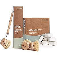 | Eco Dish Bundle | 30 Dishwasher Tablets & Bamboo Dish Brush | with 3 Replacement Heads | Eco-Friendly Cleaning Bundle | Natural Fiber | Plastic Free | Sustainable Dish Brush | Sparkling Dishes