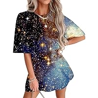 Women Starry Sky Print Tops 2024 Trendy Casual Shirts Summer Loose Round Neck Tee Short Sleeve Oversized T-Shirt