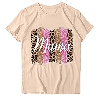 Women's Mama Letter T-Shirts Fashion Leopard Graphic Crewneck Blouse Summer Short Sleeve Mom Tops