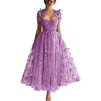 Wchecalino 3D Butterfly Tulle Prom Dresses Tea Length Lace Applique Embroidery Formal Evening Party Gown with Pocket