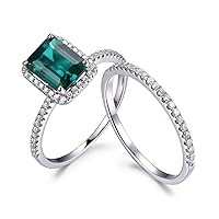 Emerald Engagement Wedding Ring Set 6x8mm Emerald Cut Gems 14K White Gold Eternity Diamond Wedding Band
