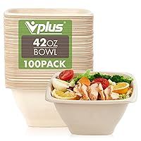 Vplus 100 Pack 42 OZ Paper Bowls, Square Disposable Compostable Bowls Bulk, Eco-friendly Bagasse Bowls, Heavy-duty Large Bowls Perfect for Milk Cereals, Snacks, Salads