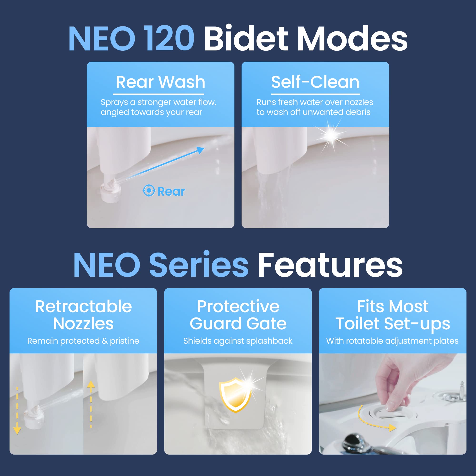 LUXE Bidet NEO 120 - Self-Cleaning Nozzle, Fresh Water Non-Electric Bidet Attachment for Toilet Seat, Adjustable Water Pressure, Rear Wash (White), 17 x 10 x 3 inches