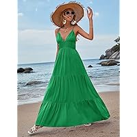2023 Women's Dresses Ruffle Hem Maxi Cami Dress Women's Dresses (Color : Green, Size : X-Small)