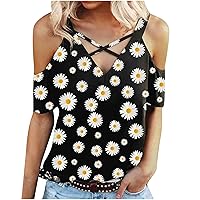 Summer Women Cold Shoulder T-Shirts Fashion Casual Floral Tops Short Sleeve Front Cross Loose Fit Tunic Blouse