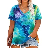 DOLNINE Womens Plus Size Tops Tie Dye Casual V Neck Summer Short Sleeve Loose Fit Shirts XL-5XL