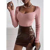 Womens Hoodies Pullover Solid Sweetheart Neck Sweater Sweaters (Color : Dusty Pink, Size : Medium)