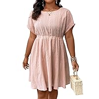 Womens Plus Size Dresses Summer Solid Eyelet Embroidery Round Neck Short Sleeve A-Line Dress