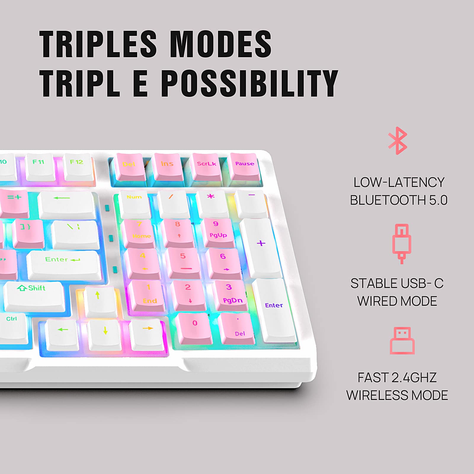 KOLMAX 98-Key RGB Hot-swappable Mechanical Gaming Keyboard, 2.4G Wireless/BT5.0/Wired with PBT Double-Shot Pudding Keycaps Pink-White Gaming Keyboard for Mac & Win Programmable Macro (Pink Switches)