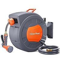 IDEALHOUSE Garden Hose Reel, 1/2 in x 72 ft Wall Mounted Retractable Water Hose Reel with 9 Function Sprayer Nozzle, Any Length Lock, 180° Swivel Bracket, Automatic Rewind and Slow Return System