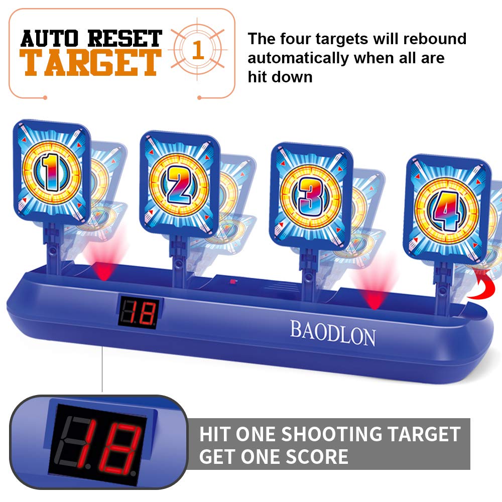 BAODLON Digital Shooting Targets with Foam Dart Toy Gun, Electronic Scoring Auto Reset 4 Targets, Shooting Game Toys Gifts for Age of 5, 6, 7, 8, 9, 10+ Years Old Kids, Boys, Compatible with 2 Toy Gun