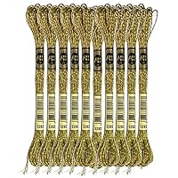 8 Meters 12 Strands Metallic Embroidery Floss Cross Stitch Needlework Thread, Metallic Gold, 10 Skeins