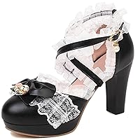 LUXMAX Women Cute Mary Janes Kawaii Shoes Block High Heel Ankle Strap Pumps Sweet Chunky Heel Platform Buckle Pumps with Bow