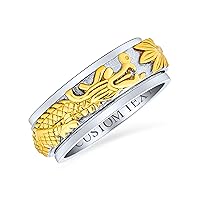 Personalize Two Tone Overlay Gold Silver Tones Titanium Steel Exotic 3D Asian Chinese Dragon Fidget Spinner Ring Band Jewelry For Men For Women 8MM Wide Custom Engraved