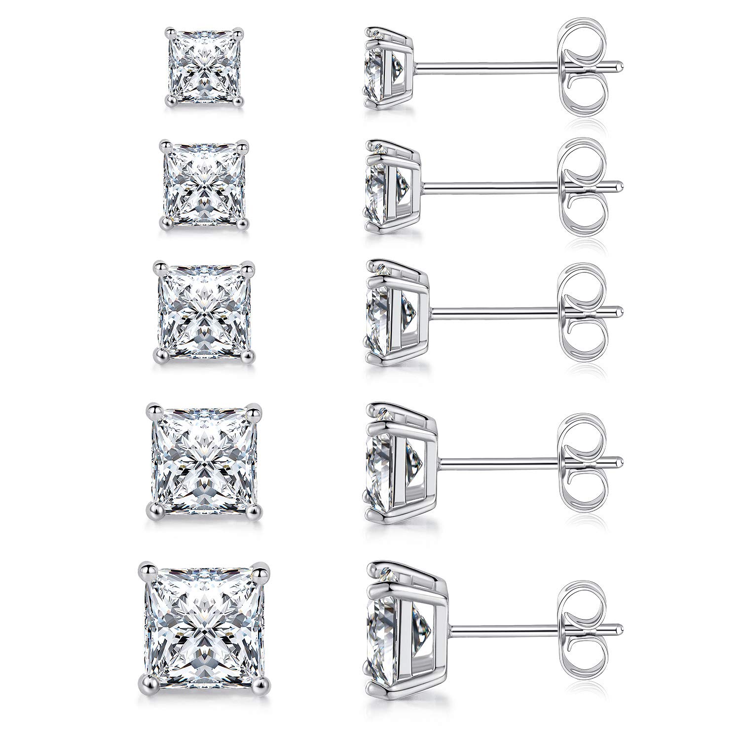 MDFUN 18K White Gold Plated Princess Cut Clear Cubic Zirconia Stud Earring Pack of 5 Pairs