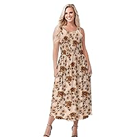 Women's Beige Floral Sleeveless Maxi Dress with Pockets