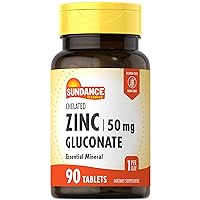 Zinc Gluconate 50mg | 90 Tablets | Chelated Essential Mineral | Vegetarian, Non-GMO, and Gluten Free Supplement | by Sundance